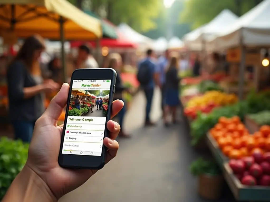 Hand holding smartphone displaying HarvestFinder app interface at vibrant farmers market with fresh produce stalls in background