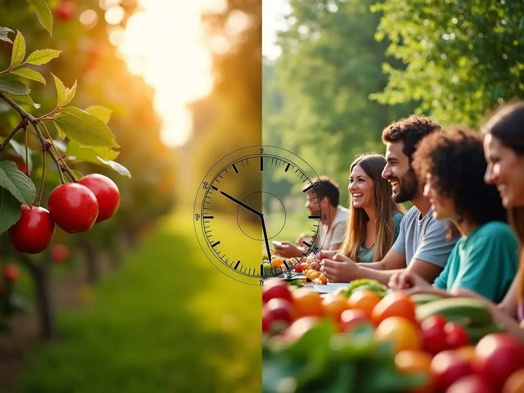 Split-panel image combining ripe apples on tree branch with diverse group enjoying fresh produce, overlaid with clock design