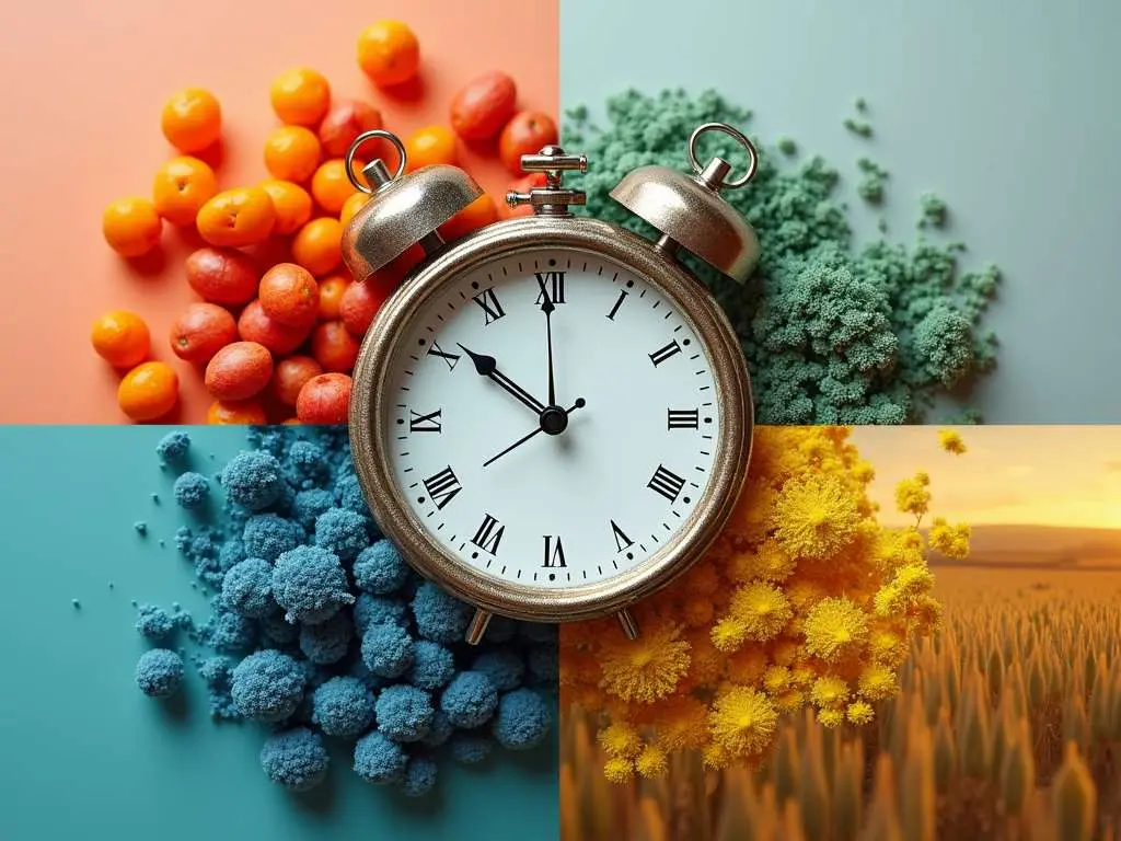 Vintage alarm clock centered among four colorful quadrants featuring citrus fruits, blue powder, green botanicals, and golden wheat field